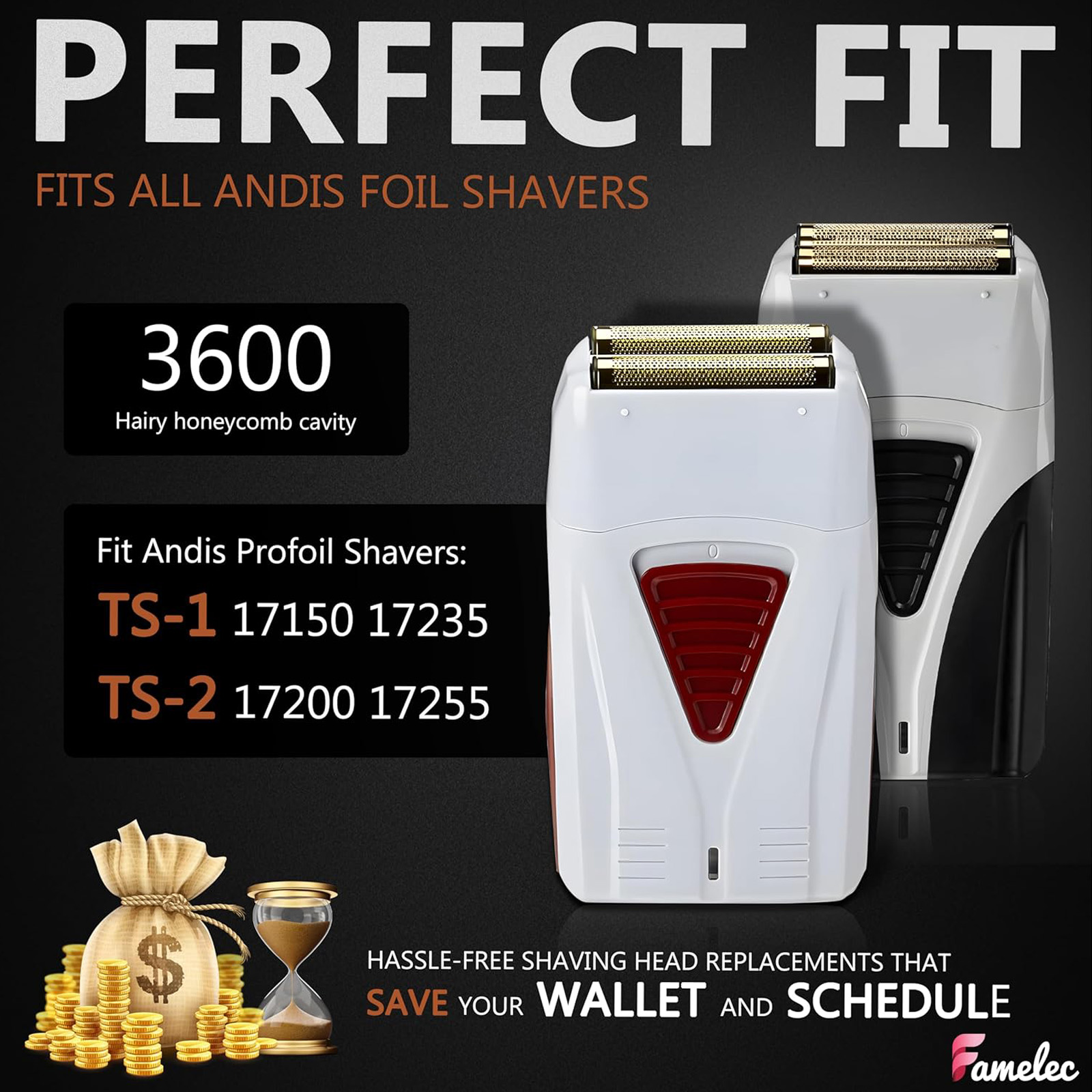 FAMELEC Andis ProFoil Lithium Replacement Foil & Cutters (2 Pack): For TS-1/TS-2, Titanium