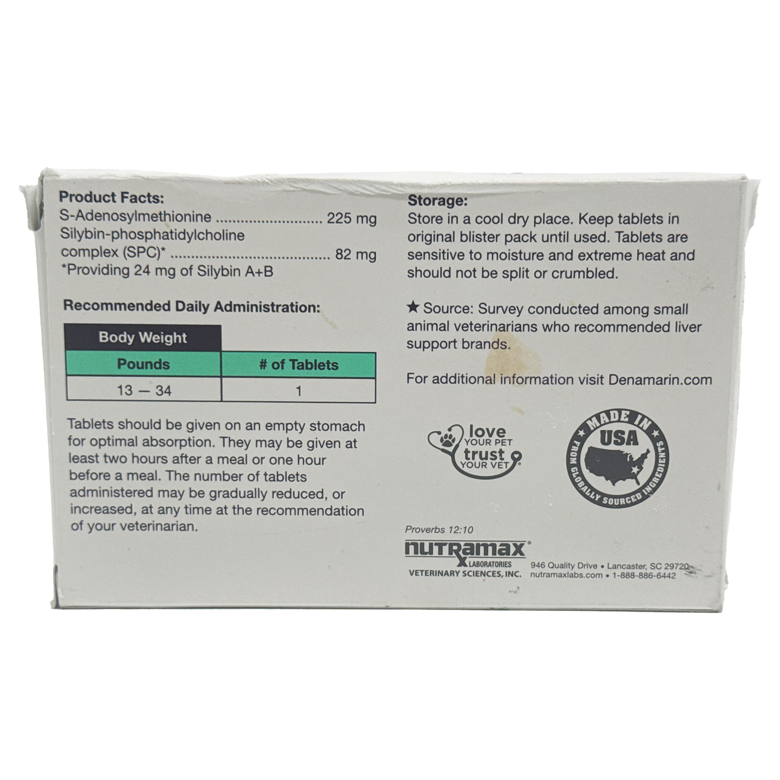 Nutramax Denamarin Liver Health Supplement for Medium Dogs - With S-Adenosylmethionine (SAMe) and Silybin, 30 Tablets