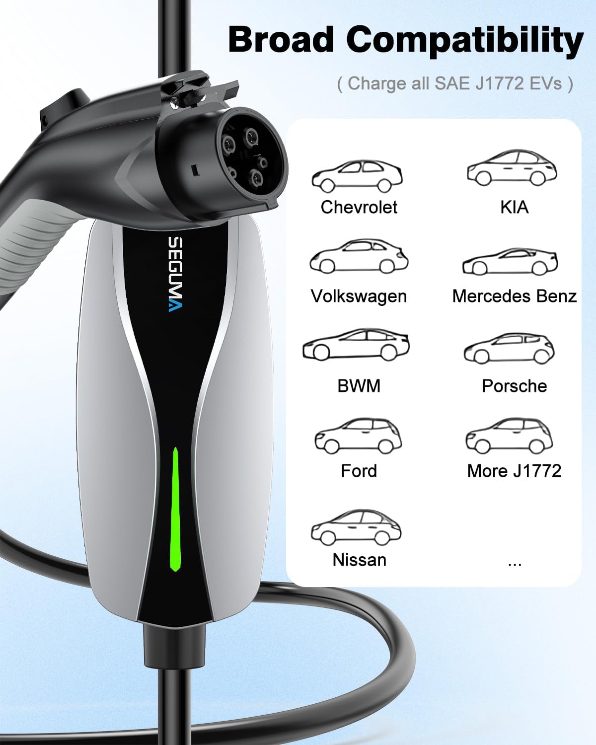 SEGUMA Level 1/2 EV Charger, 16Amp Electric Car Charger Portable EV Charger 25FT Cable with NEMA 6-20 Plug and NEMA 5-15 Adapter, Home Mobile EV Charging Station for J1772 BEVs/PHEVs 110V-240V(Silver)