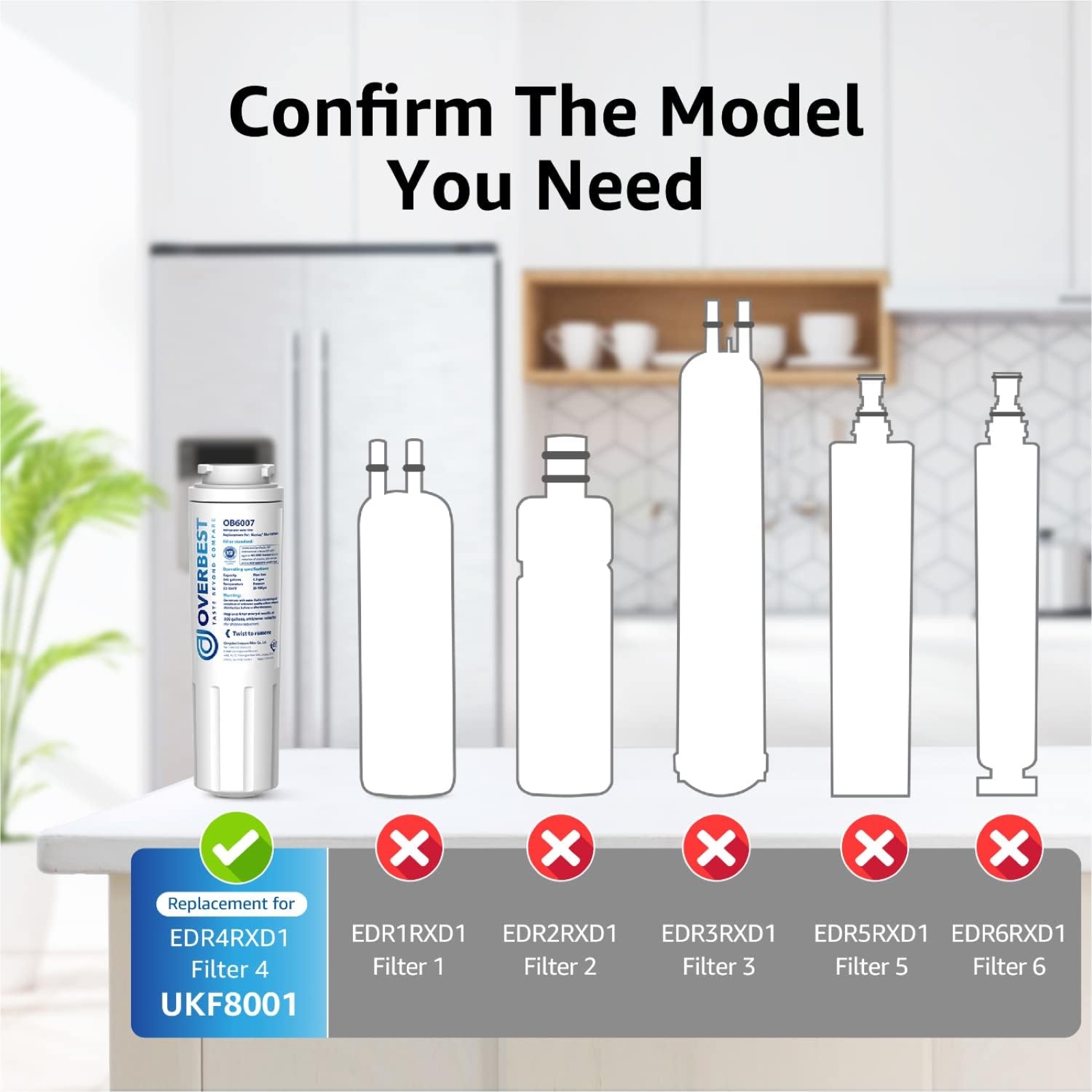 Overbest UKF8001 Replacement for EveryDrop by Whirlpool Refrigerator Water Filter 4, EDR4RXD1