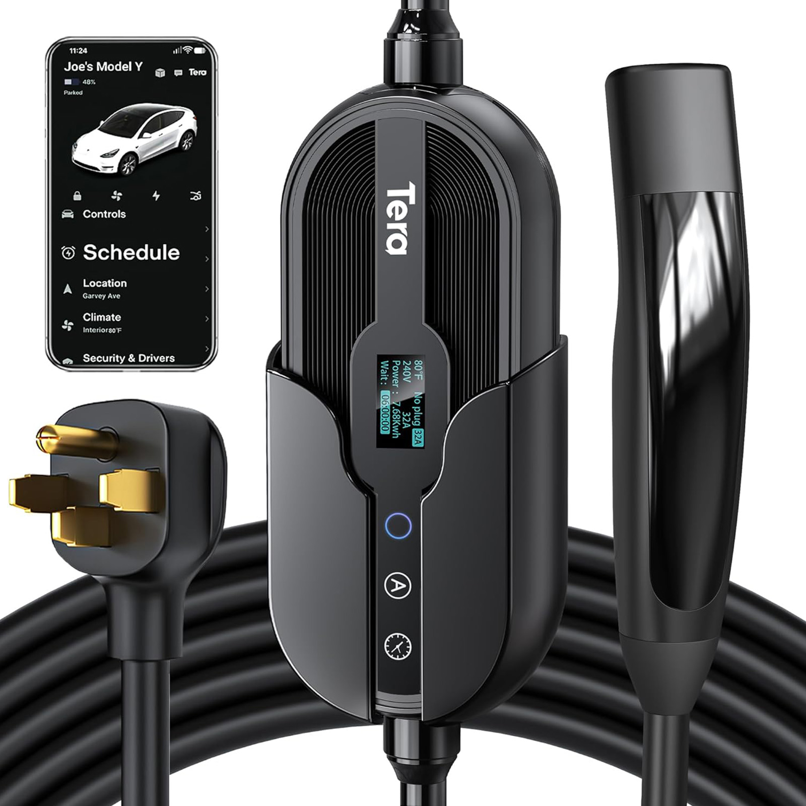 Tera Electric Vehicle Charger for Tesla: Level 2 32A 240V for NACS All Models 3 Y S X NEMA 14-50 Plug Portable & Wall Connector Dual Use Wi-Fi Enabled 25FT Cable P01_NACS Black