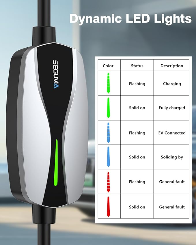SEGUMA Level 1/2 EV Charger, 16Amp Electric Car Charger Portable EV Charger 25FT Cable with NEMA 6-20 Plug and NEMA 5-15 Adapter, Home Mobile EV Charging Station for J1772 BEVs/PHEVs 110V-240V(Silver)