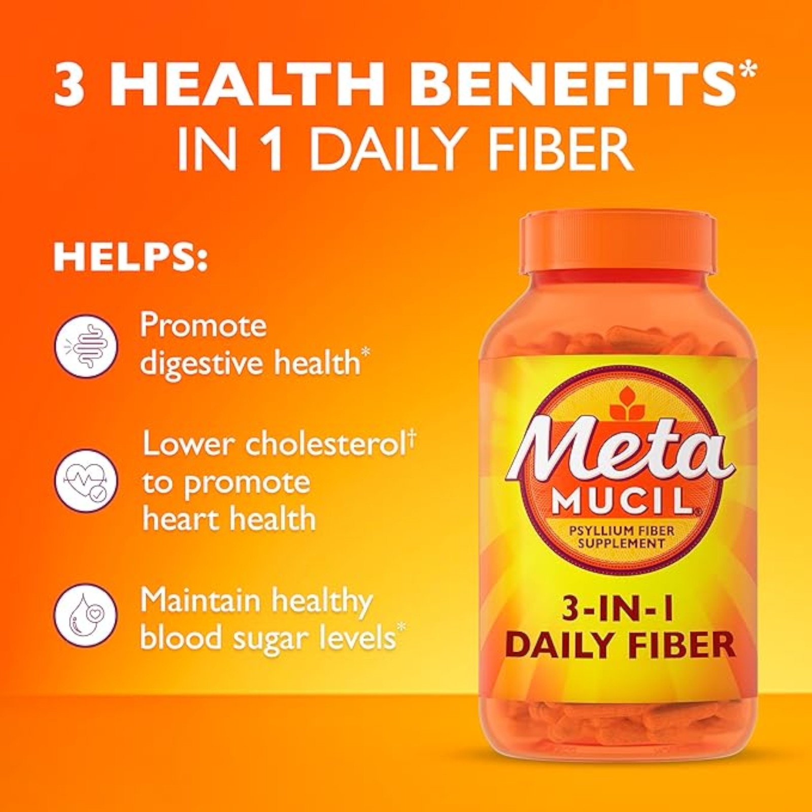 Metamucil, Psyllium Husk Capsules, 300 Capsules, 3-in-1 Fiber Supplement, Daily Psyllium Husk Fiber Capsules Help Support Digestive Health by Promoting Regularity, Help Supplement Daily Fiber Intake