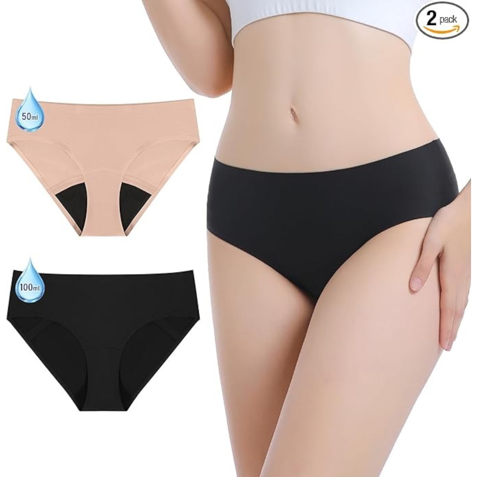 Carer Period Underwear for Women Heavy Flow Womens Leak Proof Menstrual Underwear 50-100ml Absorbent Period Panties Reusable Washable Incontinence Briefs, 2pk-L (Black/Beige)