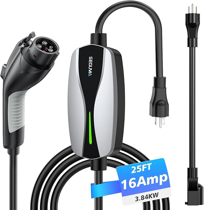 SEGUMA Level 1/2 EV Charger, 16Amp Electric Car Charger Portable EV Charger 25FT Cable with NEMA 6-20 Plug and NEMA 5-15 Adapter, Home Mobile EV Charging Station for J1772 BEVs/PHEVs 110V-240V(Silver)