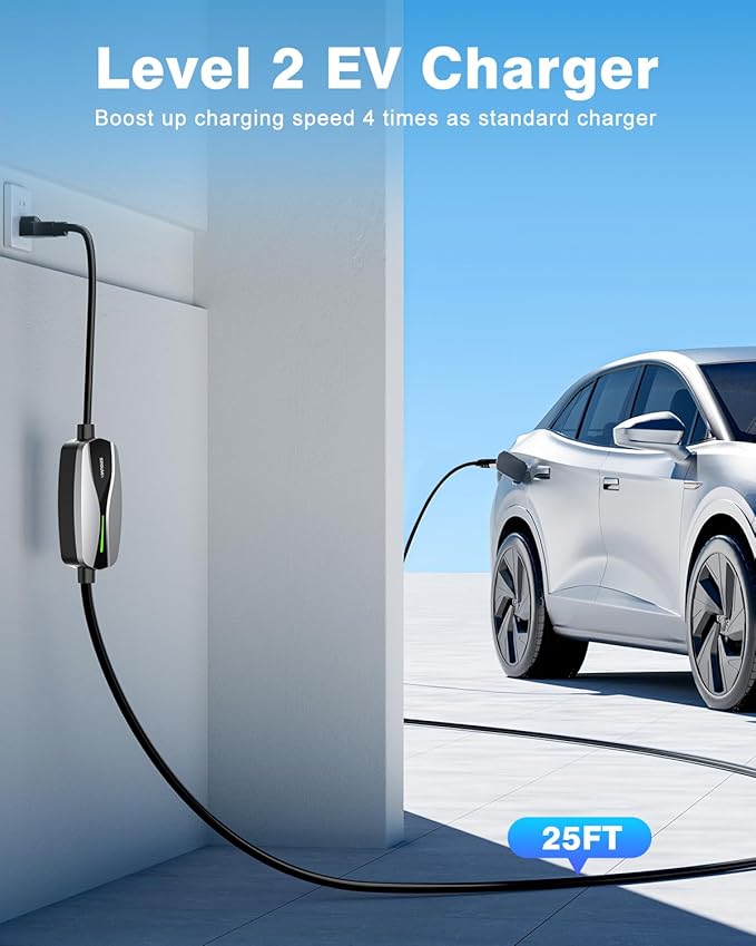 SEGUMA Level 1/2 EV Charger, 16Amp Electric Car Charger Portable EV Charger 25FT Cable with NEMA 6-20 Plug and NEMA 5-15 Adapter, Home Mobile EV Charging Station for J1772 BEVs/PHEVs 110V-240V(Silver)