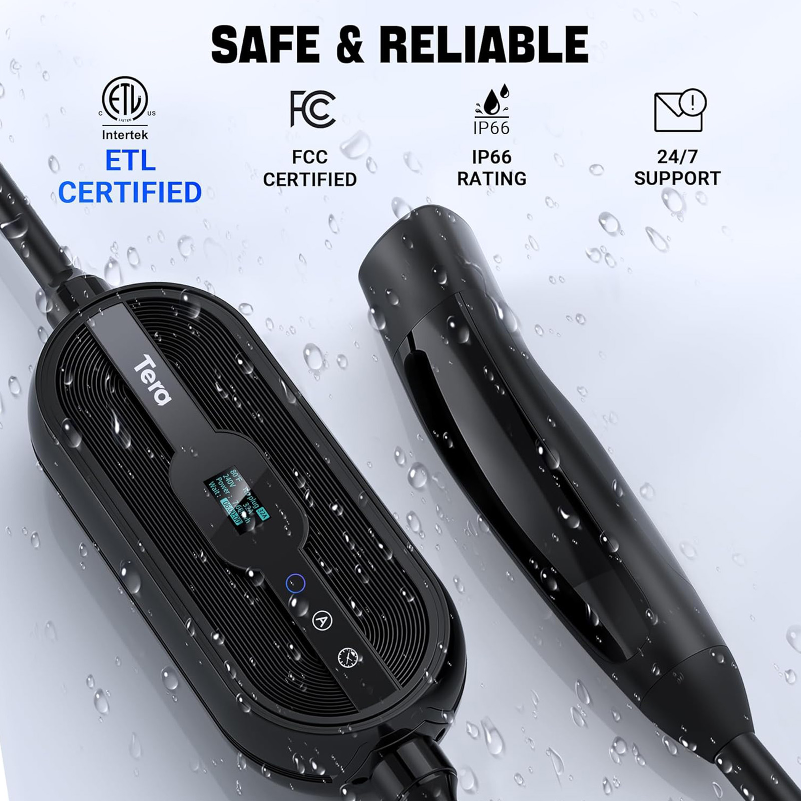 Tera Electric Vehicle Charger for Tesla: Level 2 32A 240V for NACS All Models 3 Y S X NEMA 14-50 Plug Portable & Wall Connector Dual Use Wi-Fi Enabled 25FT Cable P01_NACS Black