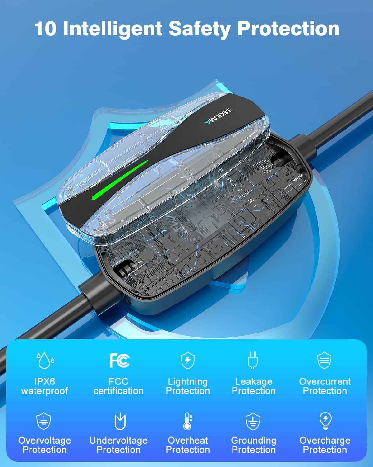 SEGUMA Level 1/2 EV Charger, 16Amp Electric Car Charger Portable EV Charger 25FT Cable with NEMA 6-20 Plug and NEMA 5-15 Adapter, Home Mobile EV Charging Station for J1772 BEVs/PHEVs 110V-240V(Silver)