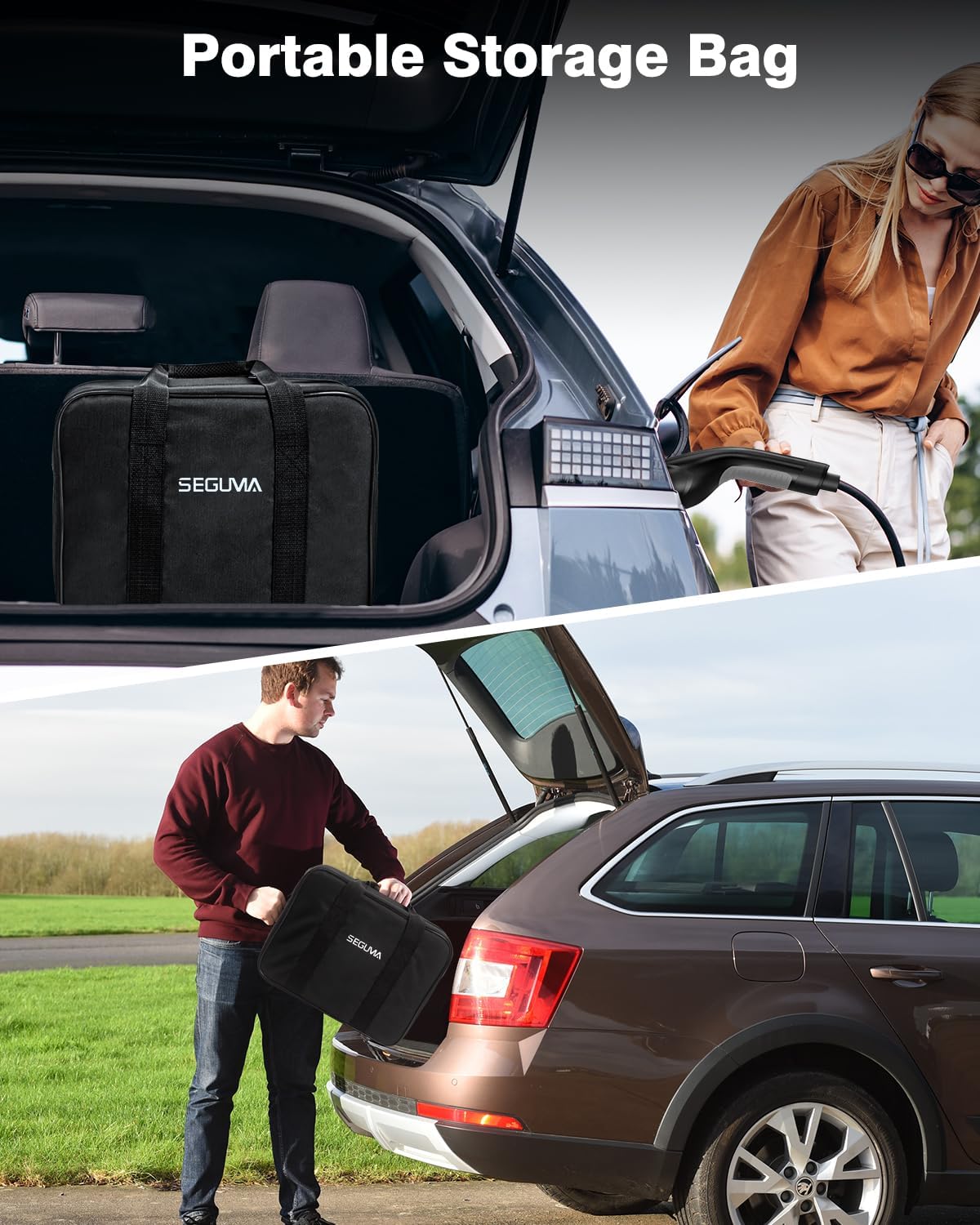 SEGUMA Level 1/2 EV Charger, 16Amp Electric Car Charger Portable EV Charger 25FT Cable with NEMA 6-20 Plug and NEMA 5-15 Adapter, Home Mobile EV Charging Station for J1772 BEVs/PHEVs 110V-240V(Silver)