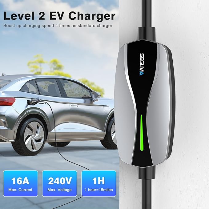 SEGUMA Level 1/2 EV Charger, 16Amp Electric Car Charger Portable EV Charger 25FT Cable with NEMA 6-20 Plug and NEMA 5-15 Adapter, Home Mobile EV Charging Station for J1772 BEVs/PHEVs 110V-240V(Silver)
