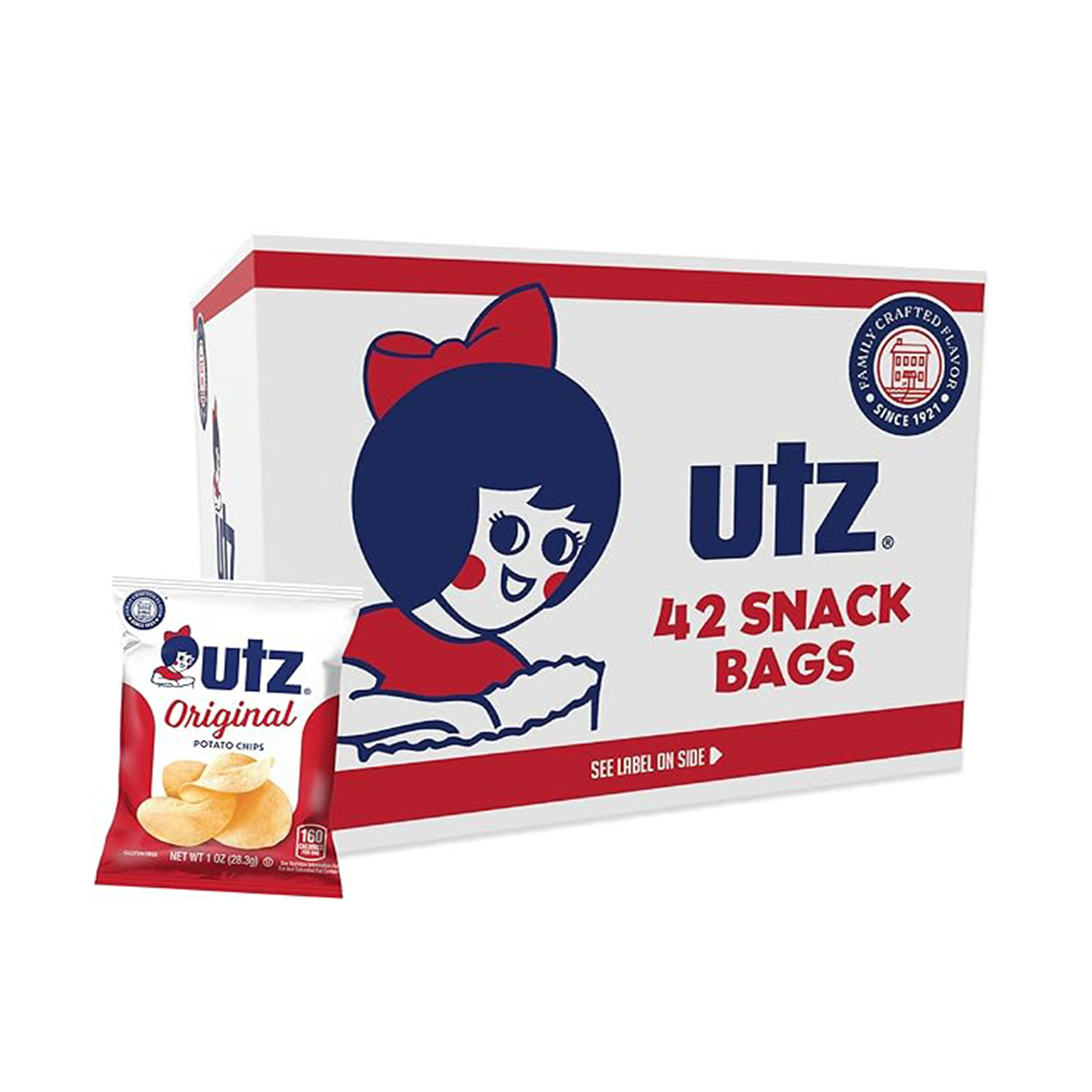 Utz Original 1 Oz Bags, 42 Count Crispy Potato Chips Made from Fresh Potatoes, Crunchy Individual Snacks to Go, Cholesterol Free, Trans-Fat Free, Gluten Free Snacks