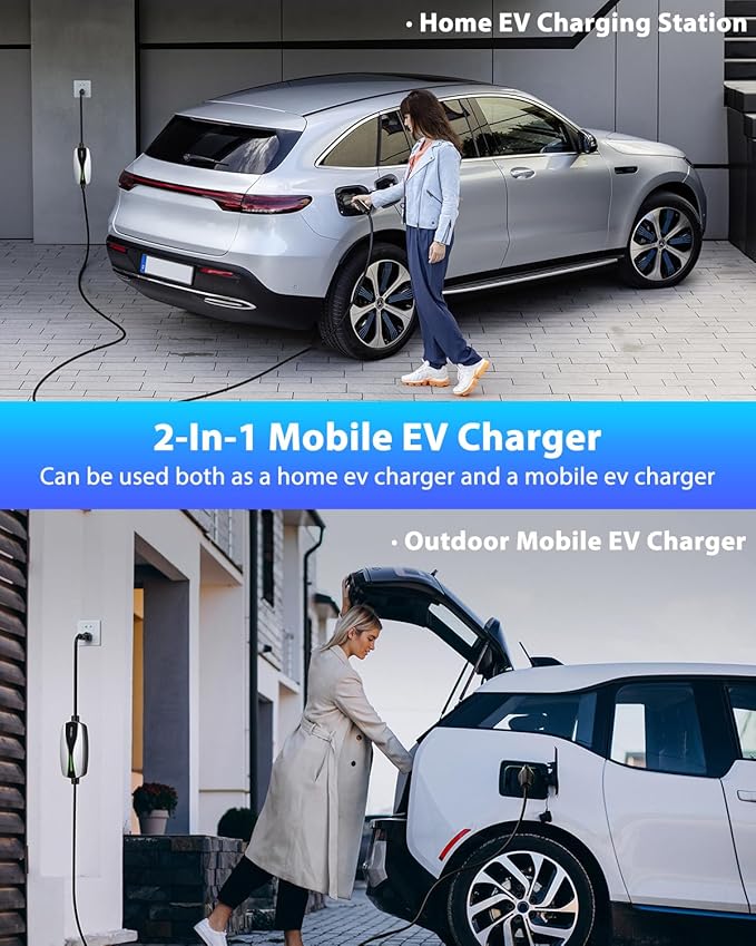 SEGUMA Level 1/2 EV Charger, 16Amp Electric Car Charger Portable EV Charger 25FT Cable with NEMA 6-20 Plug and NEMA 5-15 Adapter, Home Mobile EV Charging Station for J1772 BEVs/PHEVs 110V-240V(Silver)