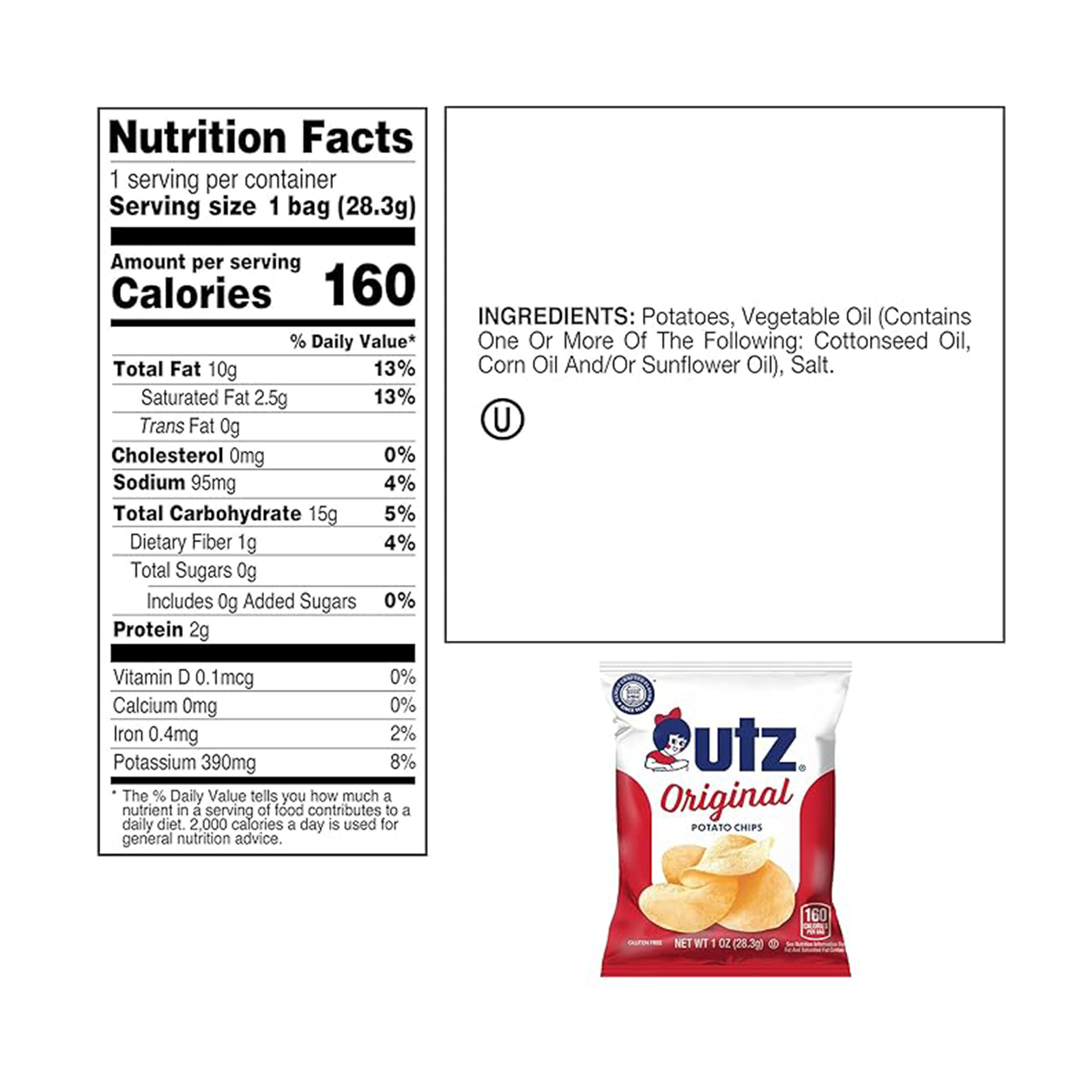 Utz Original 1 Oz Bags, 42 Count Crispy Potato Chips Made from Fresh Potatoes, Crunchy Individual Snacks to Go, Cholesterol Free, Trans-Fat Free, Gluten Free Snacks