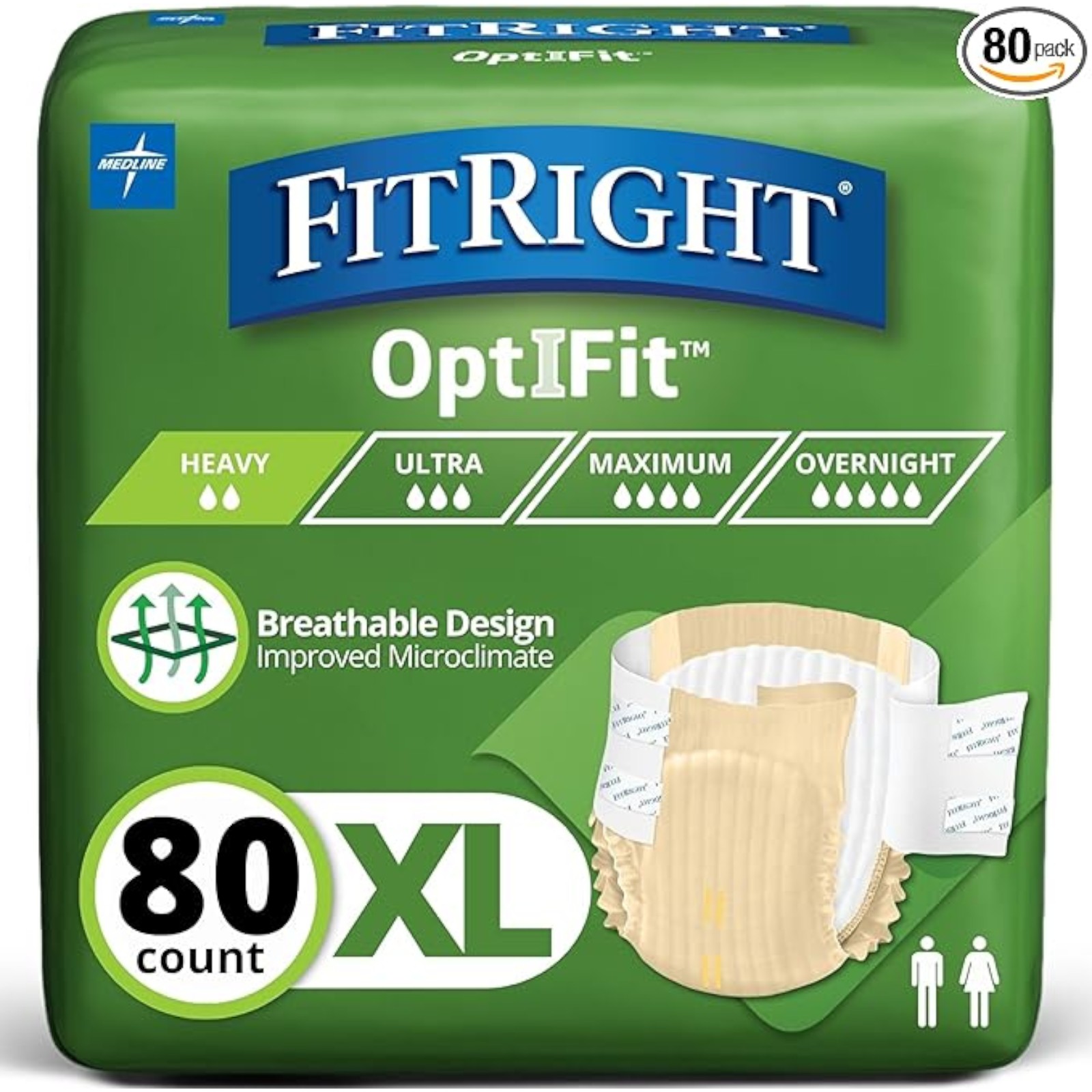 FitRight Adult Diapers, Extra Heavy Absorbency, XL (Waist Size 56in-64in), 80 Count, OptiFit Incontinence Briefs for Men and Women, Disposable, Moisture Wicking, Leak Protection