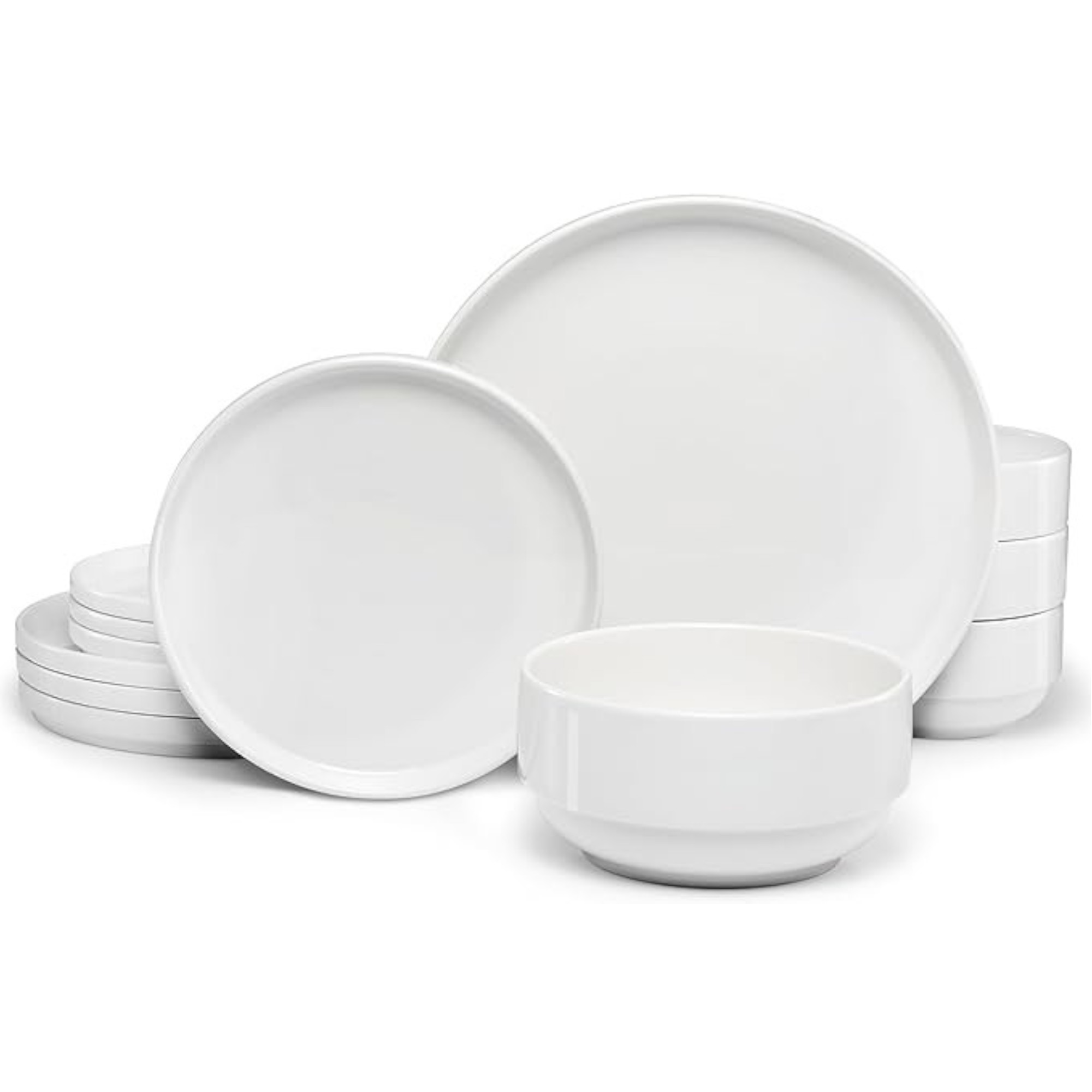 Ceramic Dinnerware Set, 12-Piece Service for 4, Soup Bowls (31.5 oz), Salad Plates (7.5"), Dinner Plates (10.5"), Round, Microwave and Dishwasher Safe, White, Cambridge Classics