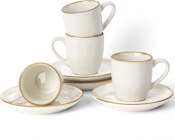 famiware Ocean Espresso Cups with Saucers Set of 4, 3.34oz Espresso Cup Set, Coffee Mug Set for Latte, Macchiato, Stoneware Demitasse Cups Set for Cafe, Microwave&Dishwasher Safe, Vanilla White