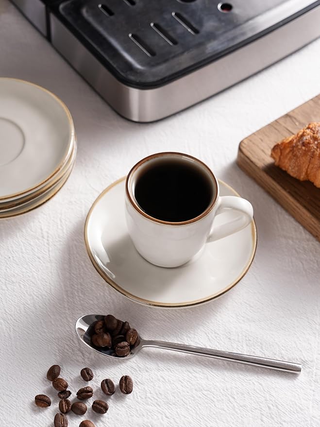 famiware Ocean Espresso Cups with Saucers Set of 4, 3.34oz Espresso Cup Set, Coffee Mug Set for Latte, Macchiato, Stoneware Demitasse Cups Set for Cafe, Microwave&Dishwasher Safe, Vanilla White