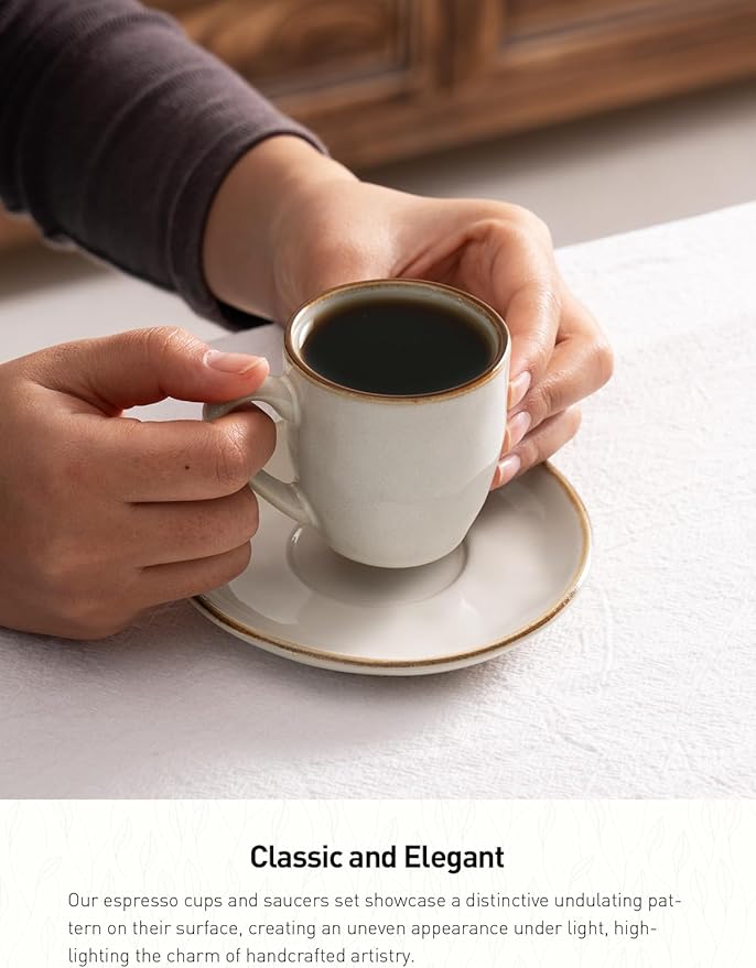 famiware Ocean Espresso Cups with Saucers Set of 4, 3.34oz Espresso Cup Set, Coffee Mug Set for Latte, Macchiato, Stoneware Demitasse Cups Set for Cafe, Microwave&Dishwasher Safe, Vanilla White