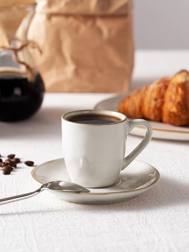 famiware Ocean Espresso Cups with Saucers Set of 4, 3.34oz Espresso Cup Set, Coffee Mug Set for Latte, Macchiato, Stoneware Demitasse Cups Set for Cafe, Microwave&Dishwasher Safe, Vanilla White