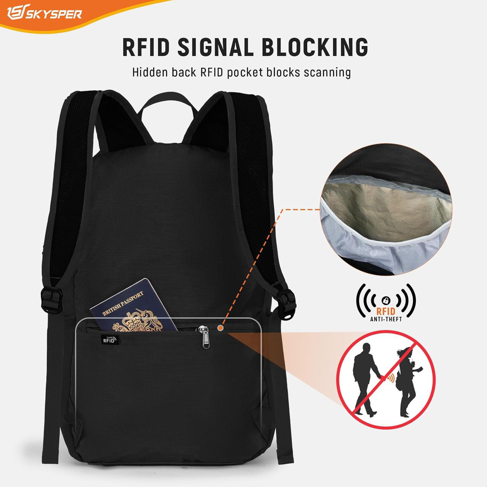 SKYSPER Ultralight Foldable Hiking Backpack 20L (RFID) Men/Women/Black
