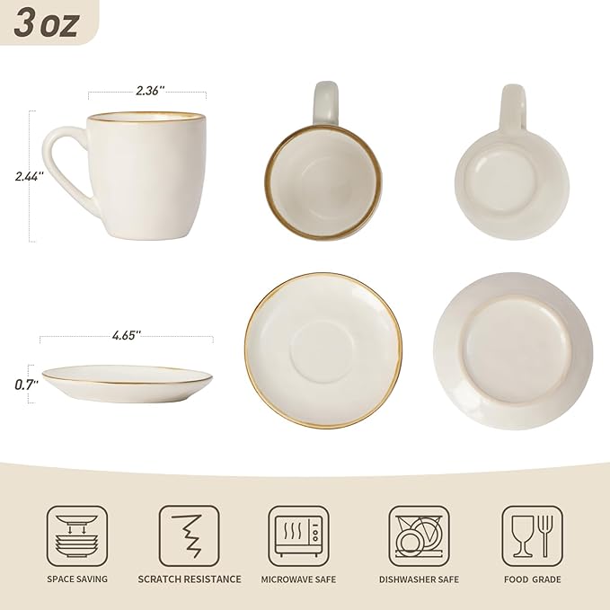 famiware Ocean Espresso Cups with Saucers Set of 4, 3.34oz Espresso Cup Set, Coffee Mug Set for Latte, Macchiato, Stoneware Demitasse Cups Set for Cafe, Microwave&Dishwasher Safe, Vanilla White