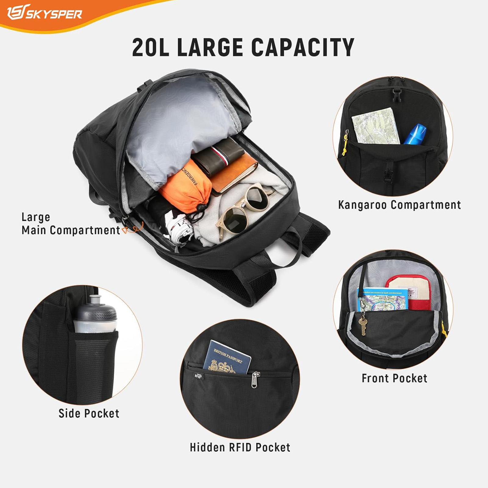 SKYSPER Ultralight Foldable Hiking Backpack 20L (RFID) Men/Women/Black