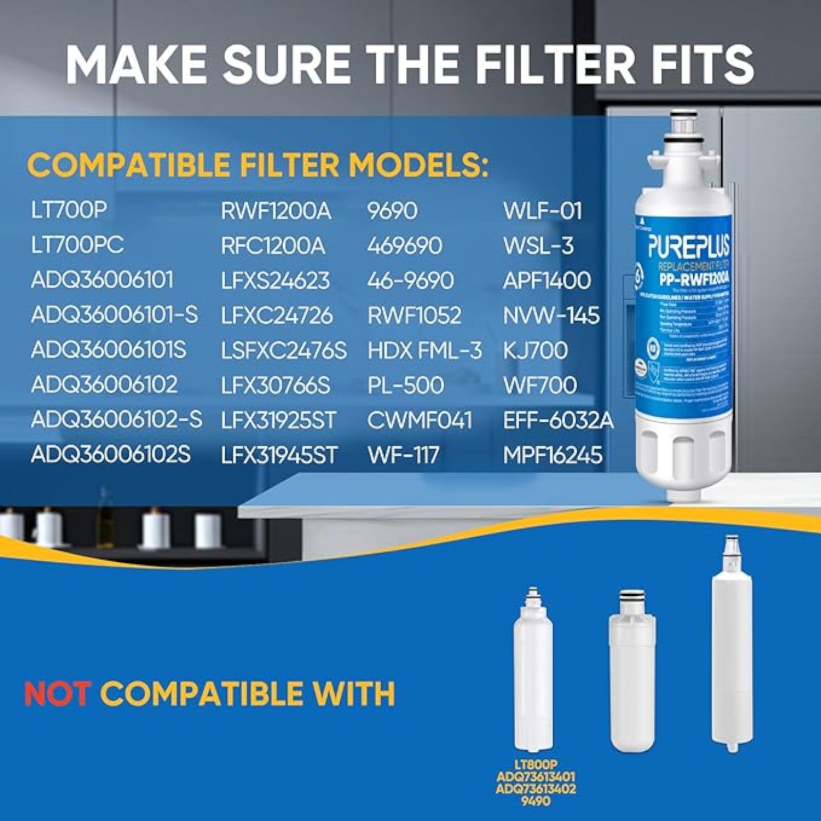 PUREPLUS 9690 Replacement for kenmore Elite 469690 LG LT700P RFC 1200A ADQ36006102 ADQ36006101 LFX28968ST RWF1052 RWF1200A LFXS29626S LFXS30766S LFX31925ST LFX31945ST Refrigerator Water Filter, 3Pack