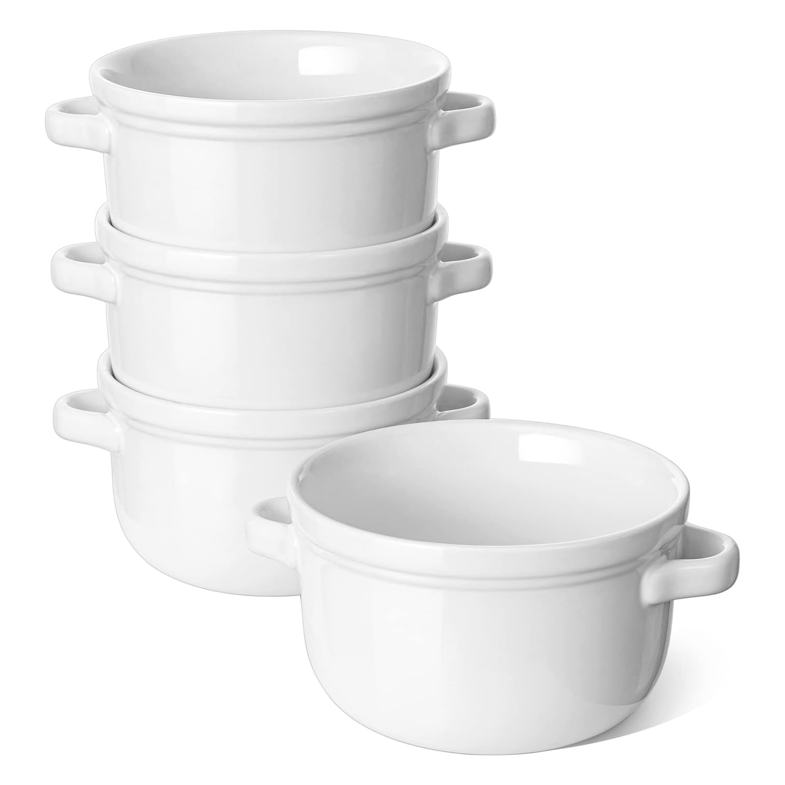 LE TAUCI Soup Bowls With Handles 28 oz, French Onion Soup Bowl for Chili, Beef Stew, Cereal, Ceramic Soup Crocks oven Safe, Microwave Dishwasher Safe - 5.5 inch, Set of 4, White