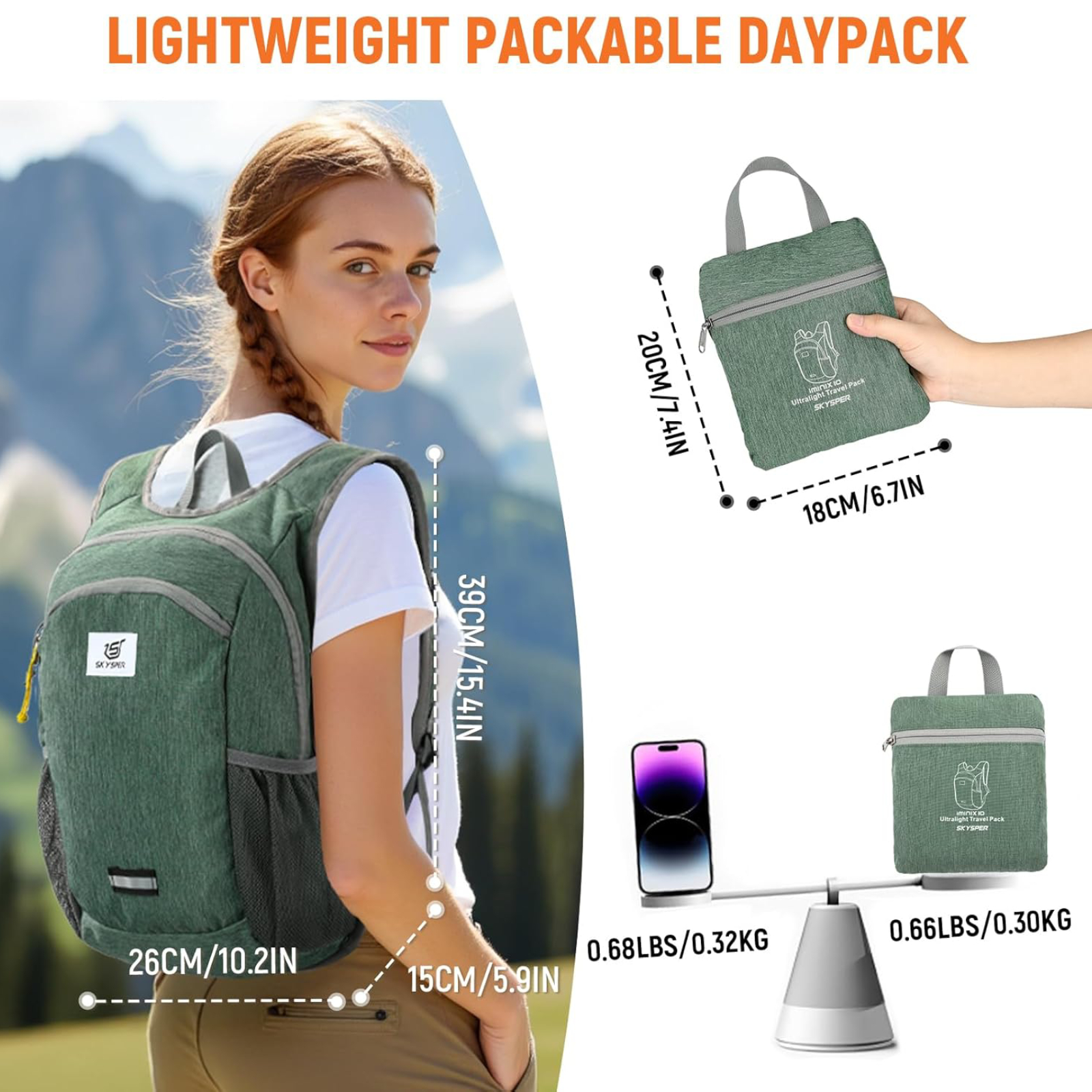 SKYSPER 10L Hiking Backpack, Foldable & Packable Lightweight Daypack for Travel, Collapsible Small Compact Hiking Backpack for Women & Men, Green