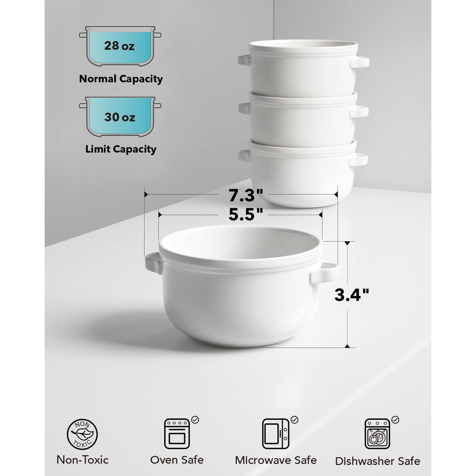 LE TAUCI Soup Bowls With Handles 28 oz, French Onion Soup Bowl for Chili, Beef Stew, Cereal, Ceramic Soup Crocks oven Safe, Microwave Dishwasher Safe - 5.5 inch, Set of 4, White