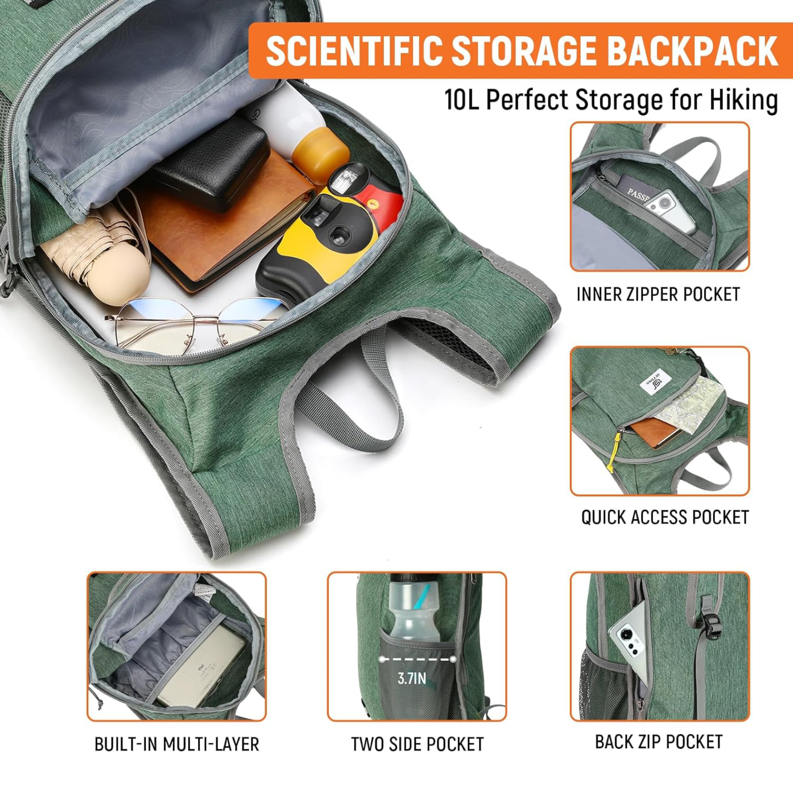 SKYSPER 10L Hiking Backpack, Foldable & Packable Lightweight Daypack for Travel, Collapsible Small Compact Hiking Backpack for Women & Men, Green