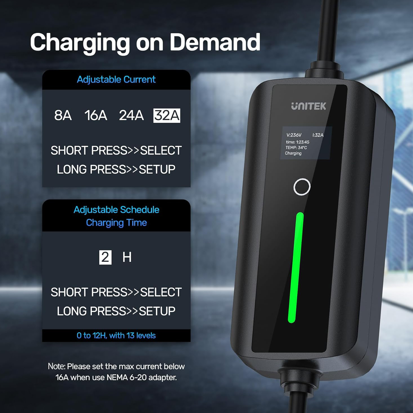 Unitek Portable Tesla Wall Charger -Level 1 & 2 EV Charger for All Tesla, 32Amp 7KW 240V Mobile Charger Connector for Tesla, EV Charging Station for Tesla, Tesla Home Charger for ModelY/3/S/X