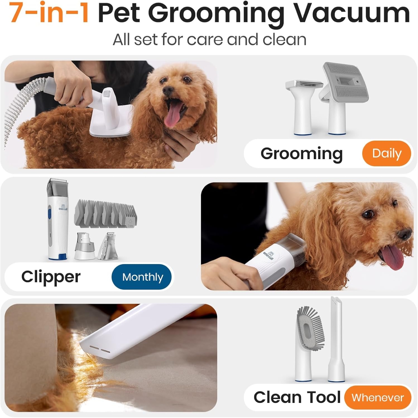 oneisall Dog Grooming Vacuum, Pet Grooming Vacuum with Clipper Nail Grinder, 1.5L Dust Cup Dog deshedding Vacuum Brush with 7 Pet Grooming Tools for Shedding Pet Hair, Home Cleaning