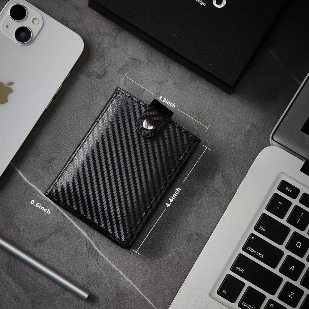 AIUWO Men's Trifold Wallet - Black Carbon Leather with AirTag Holder
