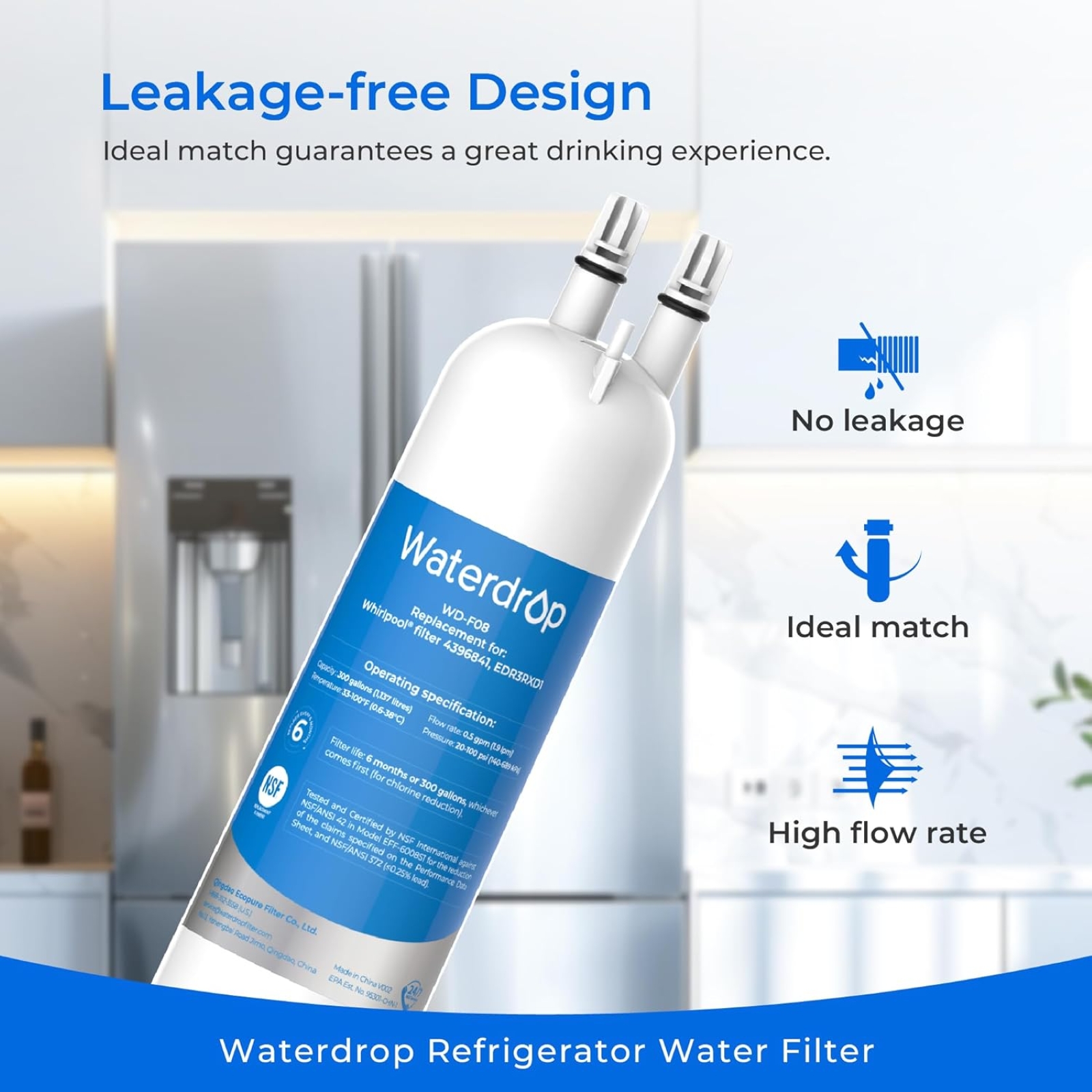Waterdrop EDR3RXD1 Replacement for Everydrop® Filter 3, 4396841, 4396710, Kenmore® 46-9083, 46-9030, WD-F08 Refrigerator Water Filter