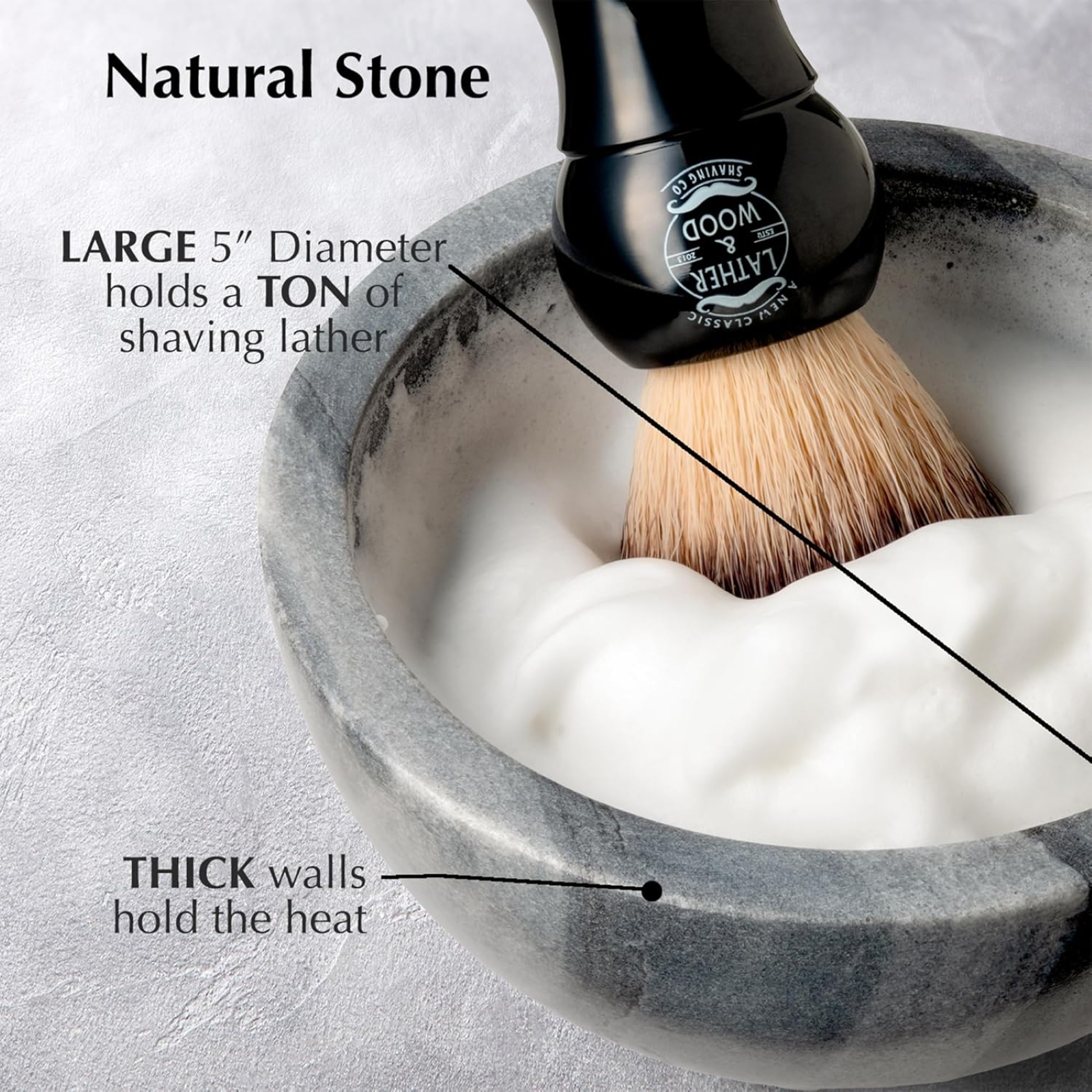 Lather & Wood Marble Shaving Cream Bowl - Premium Stone Holds Heat with Lather Ridges - Gray