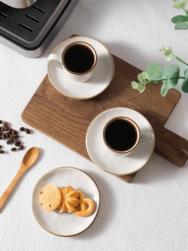 famiware Ocean Espresso Cups with Saucers Set of 4, 3.34oz Espresso Cup Set, Coffee Mug Set for Latte, Macchiato, Stoneware Demitasse Cups Set for Cafe, Microwave&Dishwasher Safe, Vanilla White