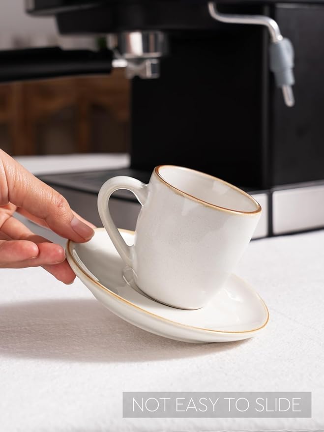 famiware Ocean Espresso Cups with Saucers Set of 4, 3.34oz Espresso Cup Set, Coffee Mug Set for Latte, Macchiato, Stoneware Demitasse Cups Set for Cafe, Microwave&Dishwasher Safe, Vanilla White