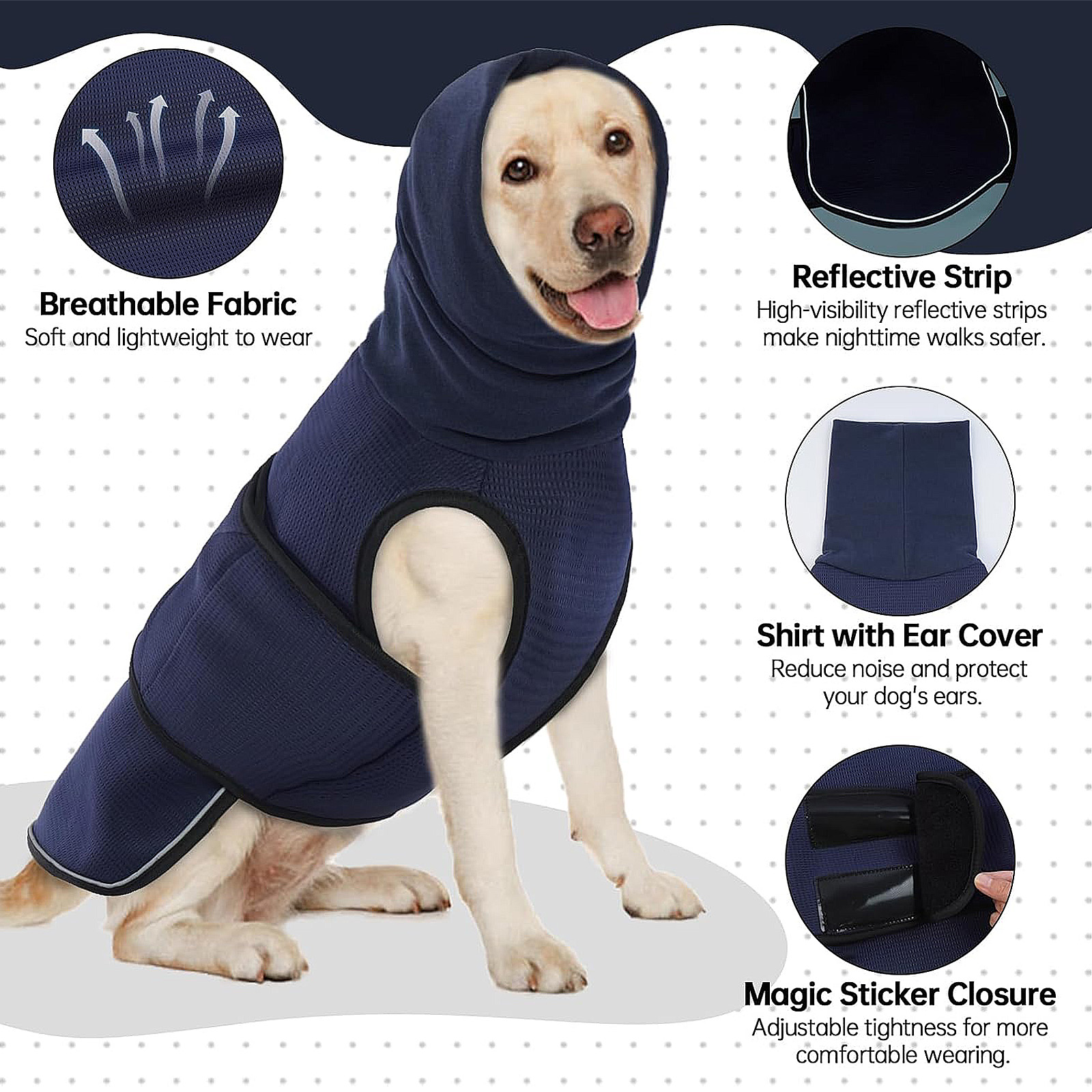Lelepet XL Navy Blue Dog Shirt: Ear Cover for Anxiety, Calming Hood, Reflective Strips