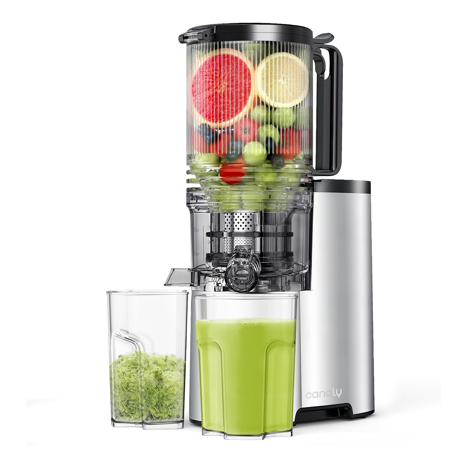 Cold Press Juicer, 5.4" Wide Feed Chute Juicers with 350w Power Motor, Slow Masticating Juicer Machine with High Juice Yield for Whole Vegetables & Fruits, Easy to Clean, Classic Silver