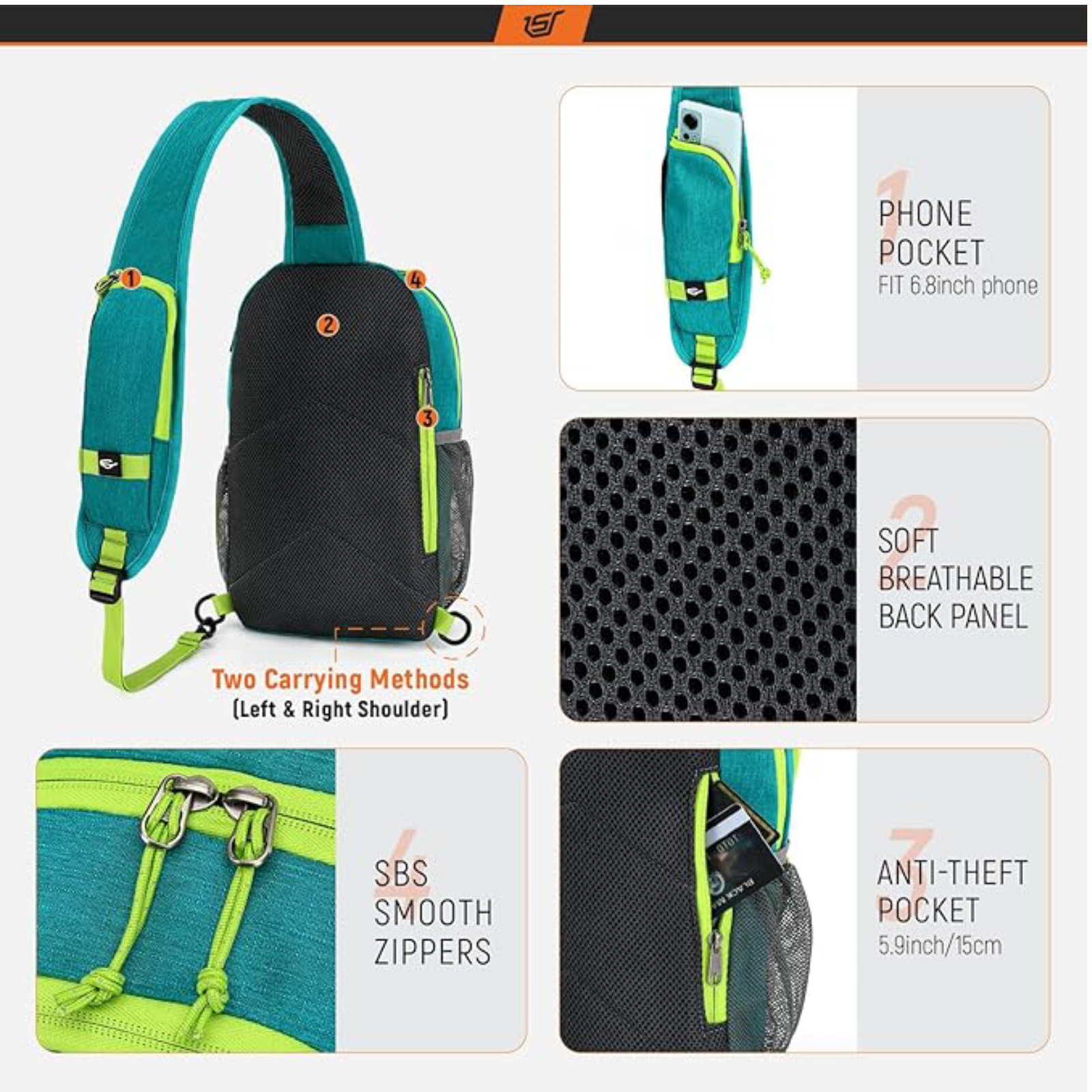 SKYSPER Sling Backpack with RFID Pocket Lightweight Crossbody Bag for Hiking Travel Shoulder Chest Bag for Men Women