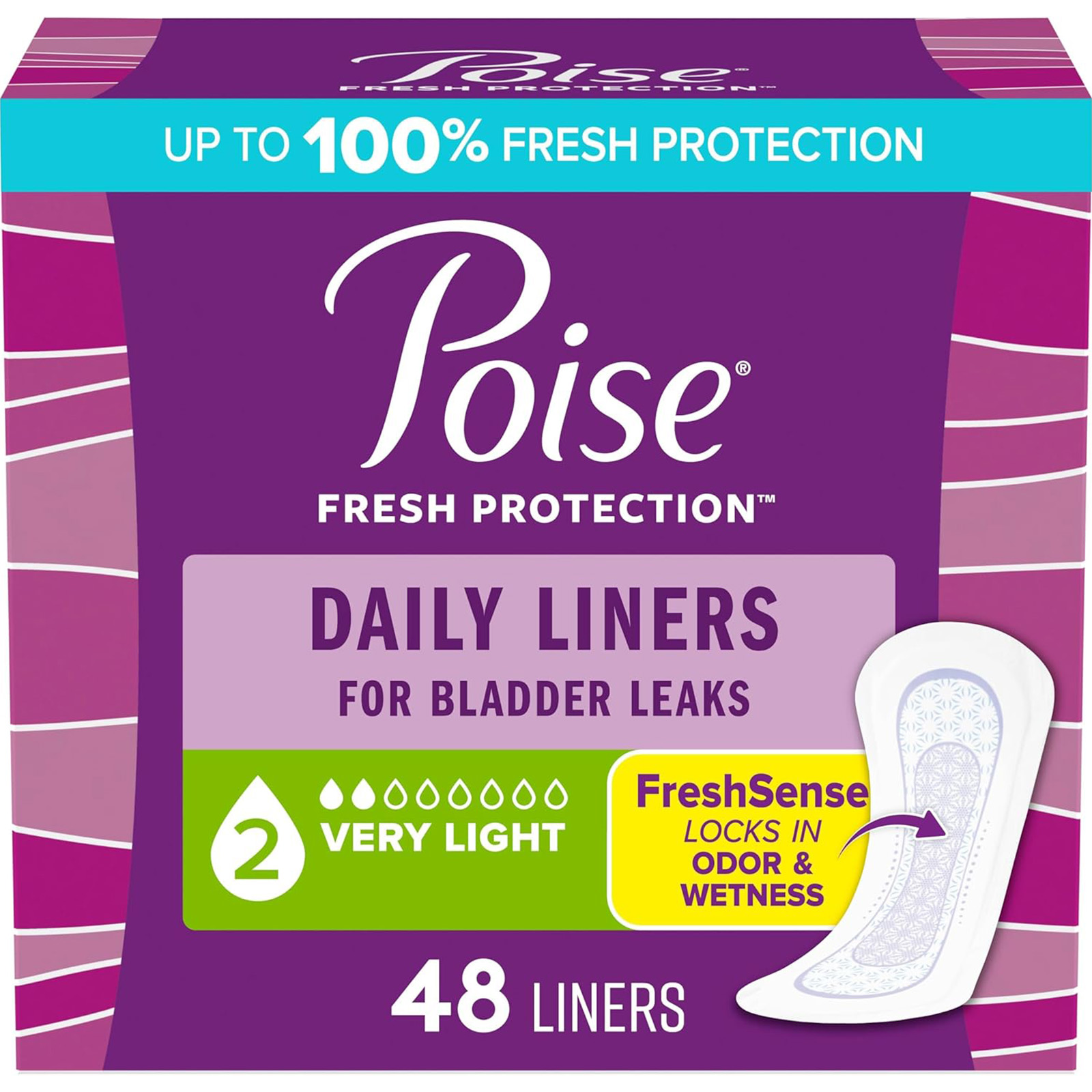 Poise Daily Liners (Incontinence), 2 Drop Very Light Absorbency, Regular, 48 Ct 