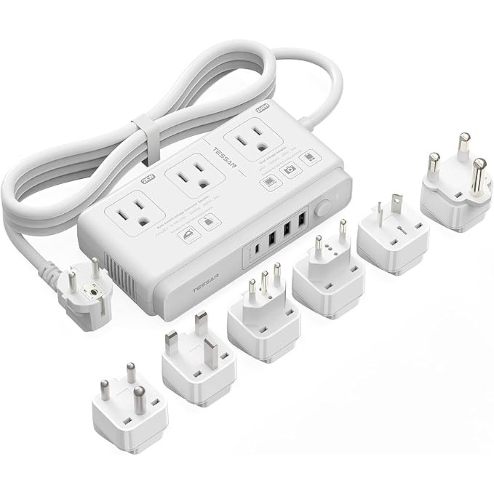TESSAN 220V to 110V Voltage Converter for Travel with 4 USB Ports (1 USB C), 3 AC Outlet and EU UK AU IT in ZA International Power Adapter, Step Down Transformer Outlet Converters White