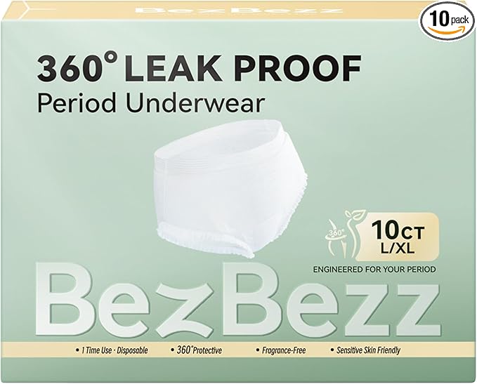 Disposable Period Underwear for Women Plus Size L/XL, 360° Leak Proof Period Panties for Heavy Flow, Overnight Postpartum and Incontinence Pads, Odor Control, Breathable, Unscented, 10 Count