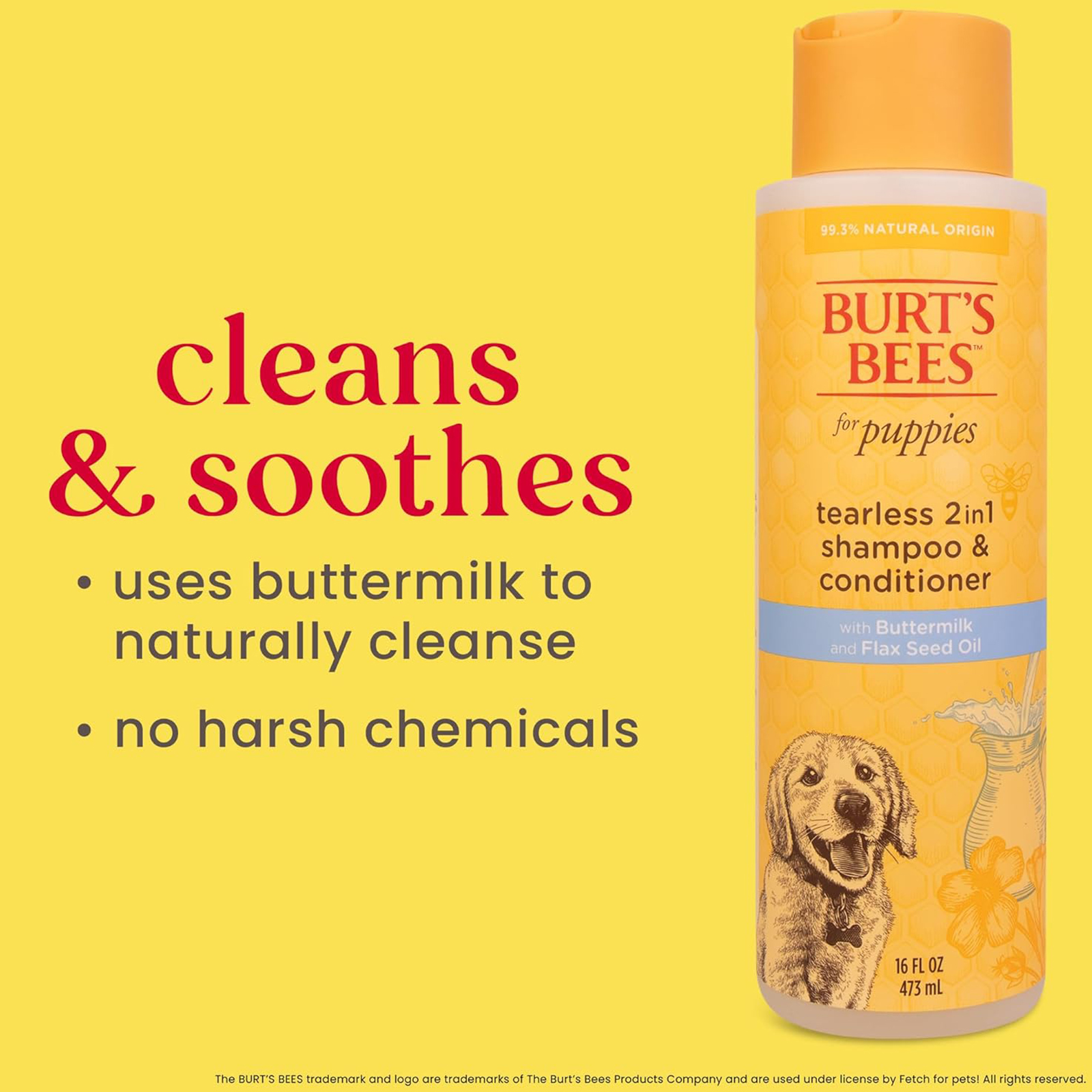 Burt's Bees for Pets Tearless Puppy 2-in-1 Shampoo and Conditioner with Buttermilk and Linseed Oil, 95% Natural Origin Formulas, Shampoo for Puppies - Gentle Puppy Shampoo Tear Free, 16 oz