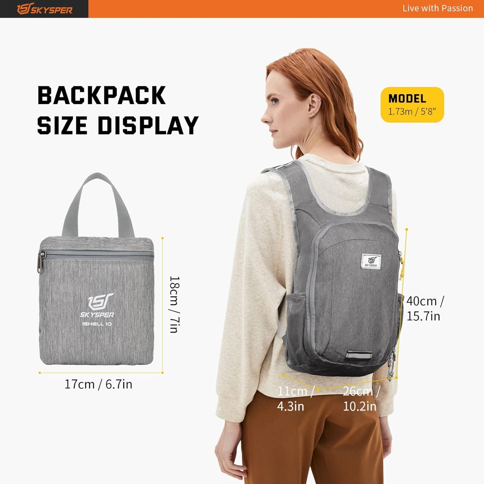 SKYSPER Small Daypack 10L Hiking Backpack Packable Lightweight Travel Day Pack for Women Men ( Grey)