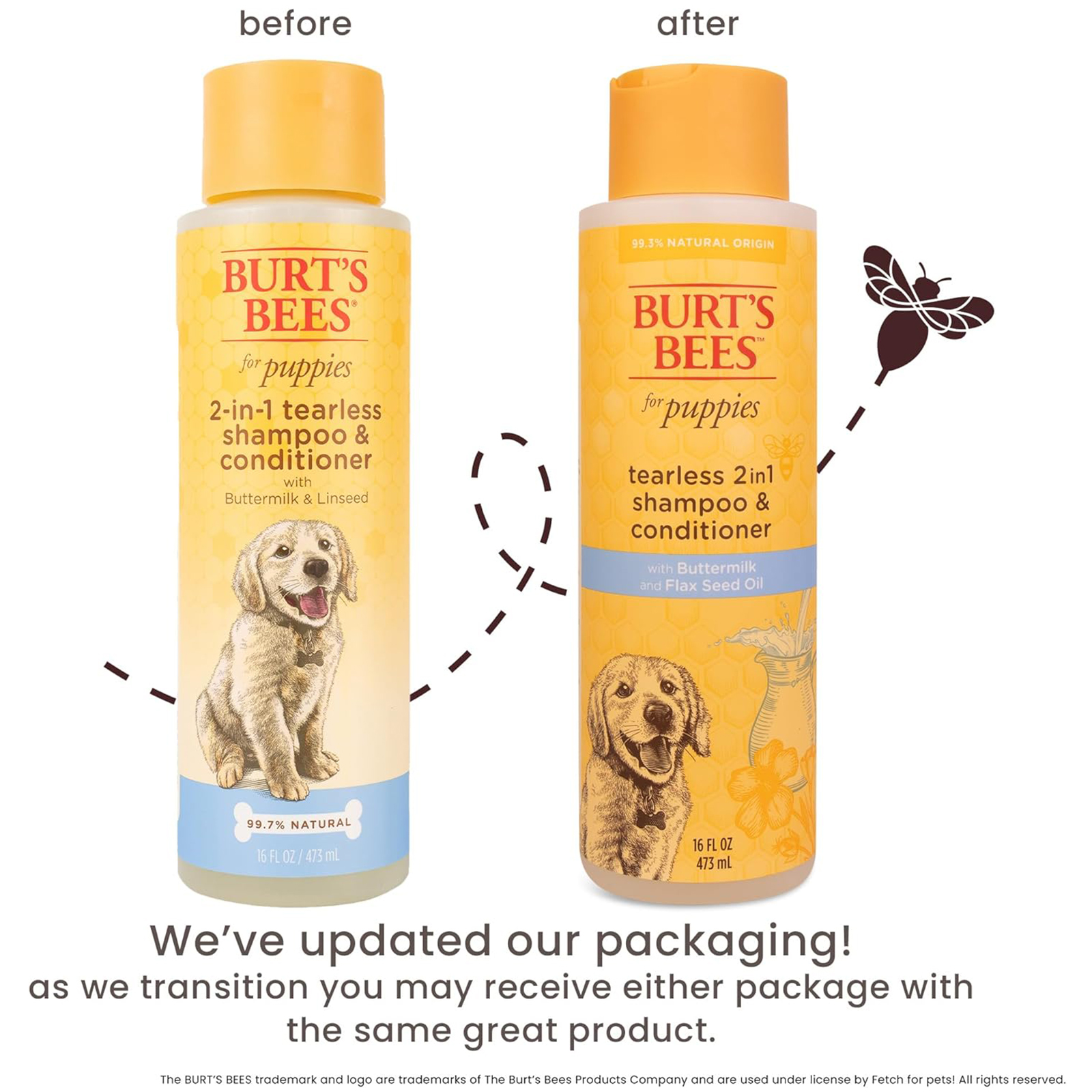 Burt's Bees for Pets Tearless Puppy 2-in-1 Shampoo and Conditioner with Buttermilk and Linseed Oil, 95% Natural Origin Formulas, Shampoo for Puppies - Gentle Puppy Shampoo Tear Free, 16 oz