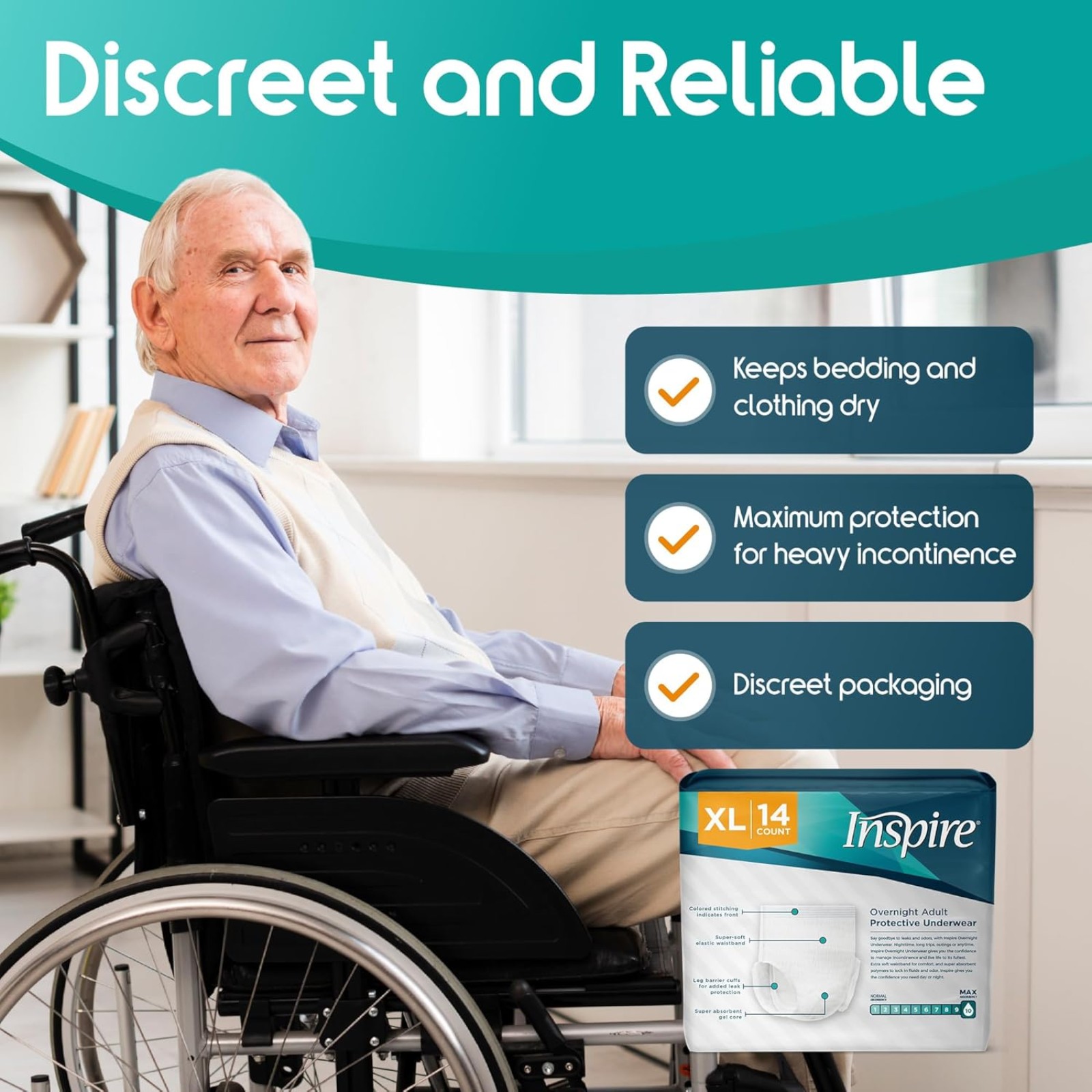 Inspire Adult Diapers Women or Men - MAX Absorbency | Our Most Absorbent and Dry, Incontinence Underwear for Women or Men | Leak Proof Diaper Overnight or Daytime for Heavy XL 14 count