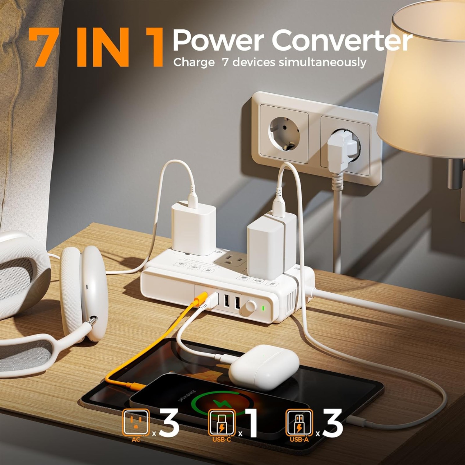 TESSAN 220V to 110V Voltage Converter for Travel with 4 USB Ports (1 USB C), 3 AC Outlet and EU UK AU IT in ZA International Power Adapter, Step Down Transformer Outlet Converters White