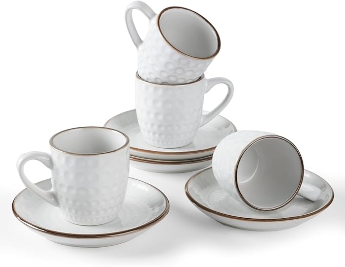 famiware Espresso Cups and Saucers Set of 4, 3 oz Ceramic Small Coffee Mug with Handle, Embossed Stoneware Demitasse Cup for Tea, Latte - Microwave & Dishwasher Safe - White Circle